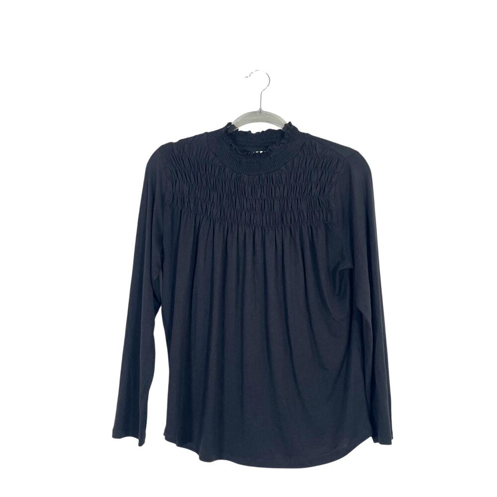 Sundance Gabrielle Dreamer Black Smocked Mock Neck Long Sleeve Top Sz Medium
